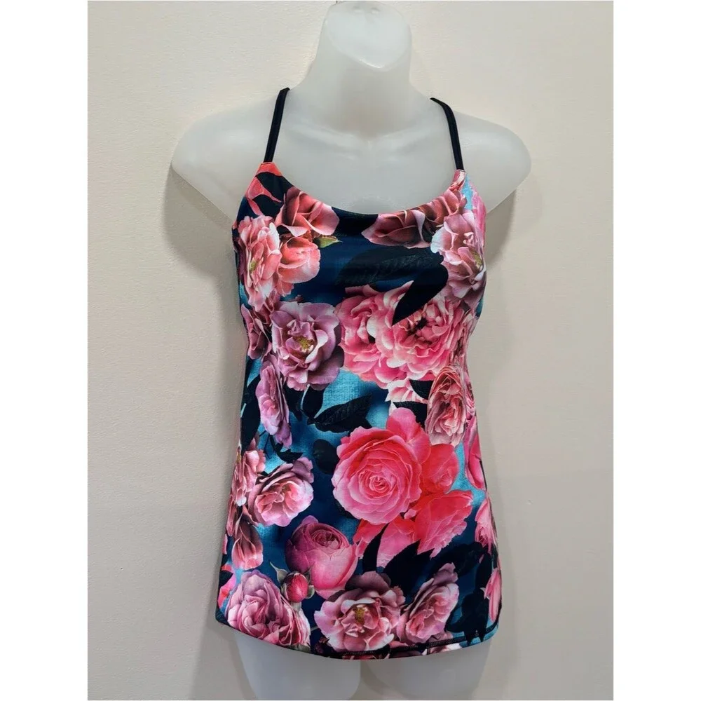 lululemon athletica Pink Floral Performance Tank Navy built in bra size 4